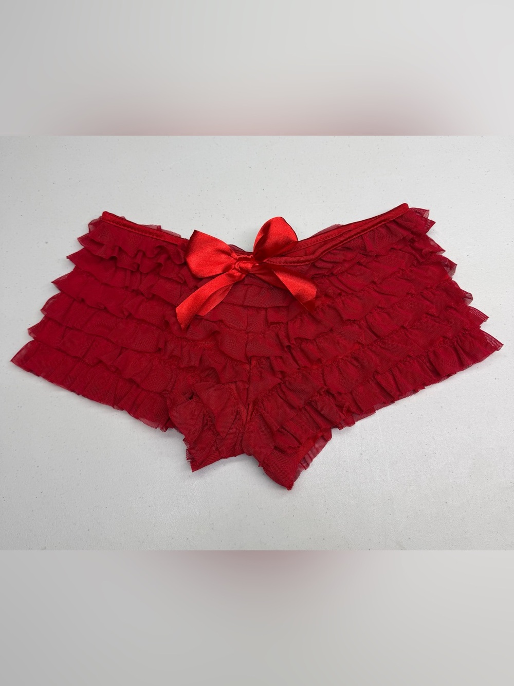 Coquette Red Ruffle Boyshort Booty Shorts with Satin Bow XS